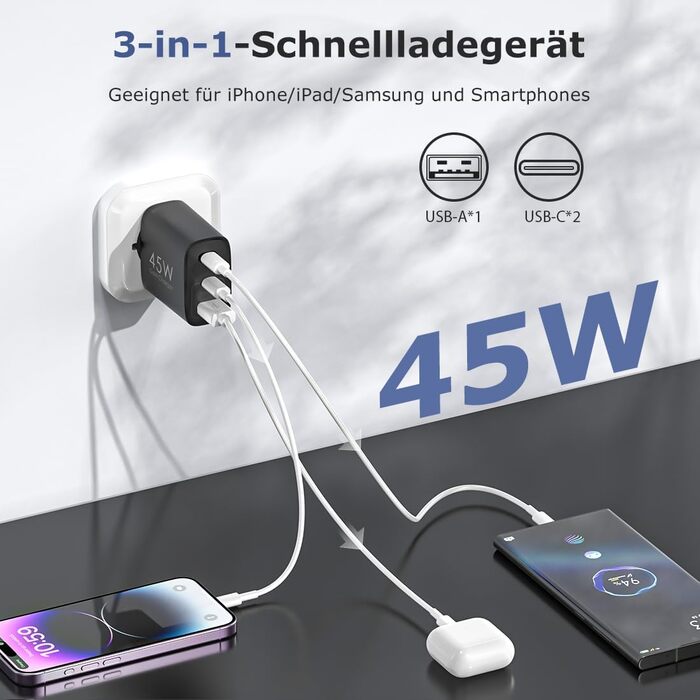 Подвійний зарядний пристрій USB-C 45W GAN для iPhone/Samsung Galaxy, 3 порти, швидка зарядка PPS (чорний)