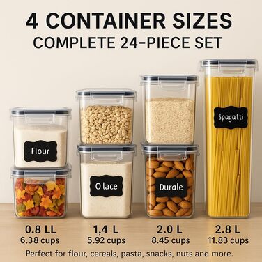 Набір контейнерів для зберігання продуктів з кришкою, 24 шт. BPA-free, великі кухонні контейнери, органайзер для борошна, цукру, круп, з ручкою та етикетками