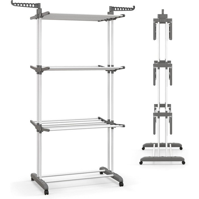 Стійка для білизни GOPLUS 4-ярусна розкладна з 2 тримачами для вішалок, 3 висувними полицями, полицею для взуття та 4 колесами для дому та вулиці (Сірий)
