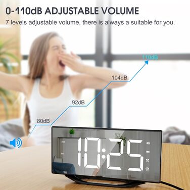Loud alarm clock with bed shaker for heavy sleepers, digital dual alarm clock with vibration, 8.7'' LED mirror alarm clock for children, teenagers, 7 volume levels and dimmer, battery backup, snooze, 12/24H-DST