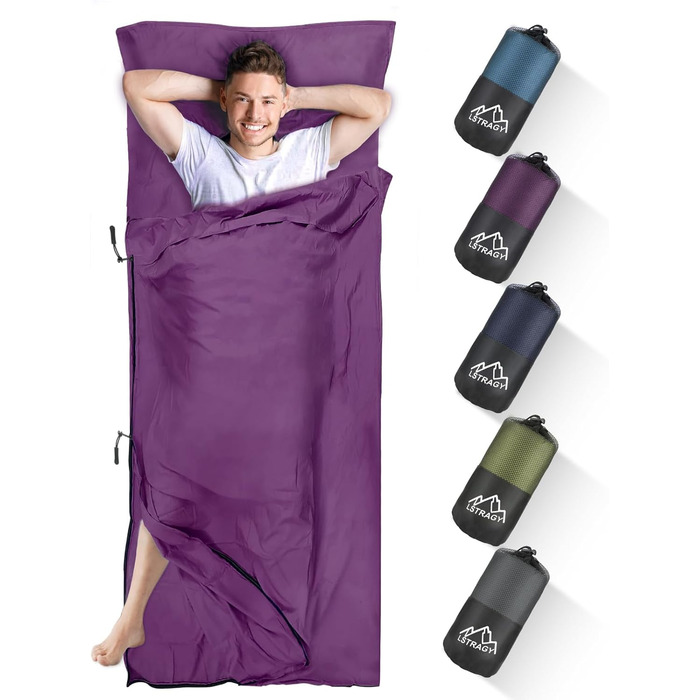 Спальний мішок туристичний 2в1 з мікрофібри, 220x95 см, для кемпінгу, хостелів та гірських притулків, зелений/фіолетовий
