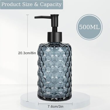 Скляний дозатор для мила 500 мл з хвильовим дизайном для ванної кімнати та кухні, з чорною пластиковою помпою, дерев'яними етикетками та воронкою (вугільно-блакитний)