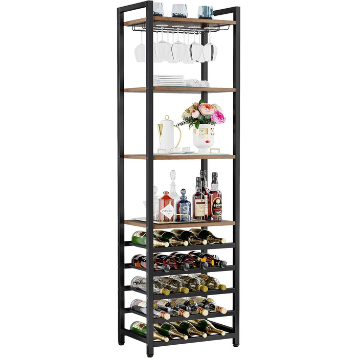 Tribesigns 20 Bottle Wine Baker's Rack, Freestanding Wine Rack, 9 Tiers, Industrial Freestanding Wine Rack Wine Bar with Glass Holder, Bottle Shelf for Bar, Kitchen, Dining Room, Rustic Brown