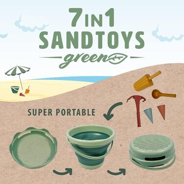 Schildkröt® 7in1 Sand Toys Set in Bio-Quality: Innovative sand-playing set with 6 tools made from sugar cane for digging, shaping, sifting, and raking, foldable 3-liter bucket