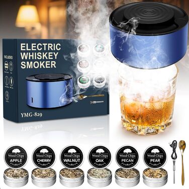 Електричний набір для копчення віскі з 6 дерев'яними чіпсами, перезаряджуваний набір для копчення з вбудованим запальником, без бутану, ідея подарунка для чоловіків, батька, чоловіка або друга, з LED-підсвічуванням, блакитний, EU