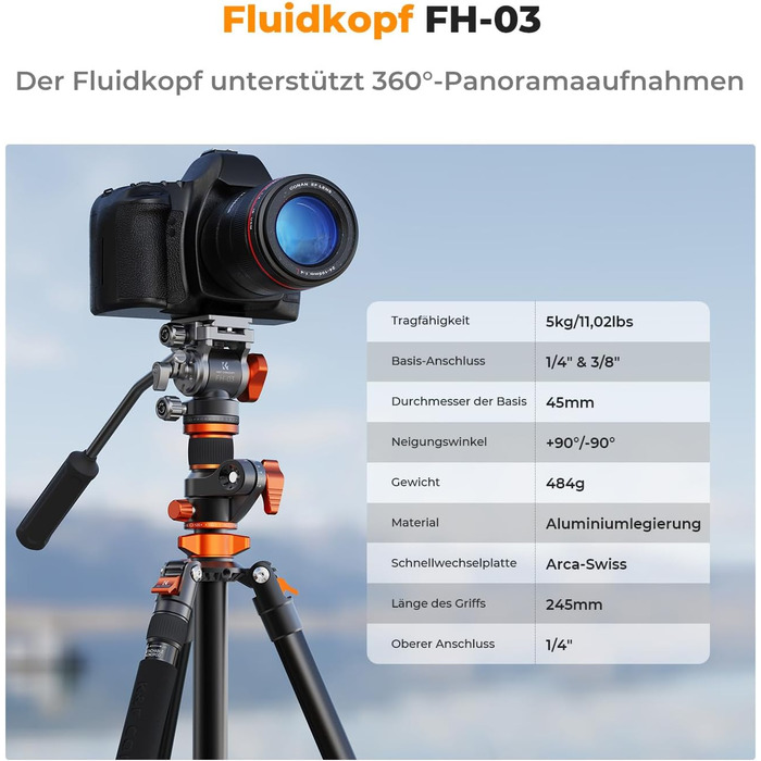 Штатив для камери K&F Concept T254A7+BH-28L, 231 см, професійний, з рідинною головкою