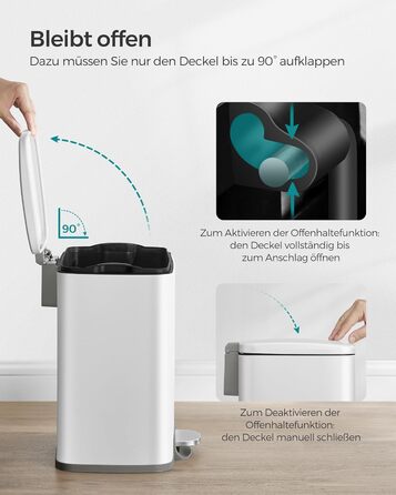 Відро для сміття SONGMICS 20 л з педаллю, м'яким закриттям, з внутрішнім відром, 15 мішків, металеве срібло