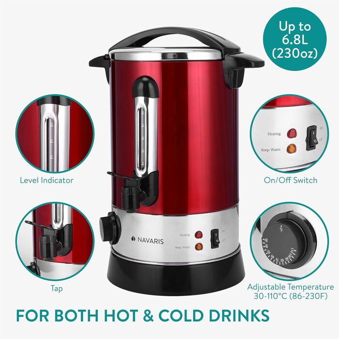 Navaris Mulled Wine Warmer Hot Water Dispenser - Stainless Steel - 6.8L - with Thermostat, Fill Level Indicator, and Tap - Mulled Wine Hot Beverage Machine Red
