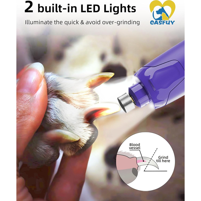 Електричний точилка для кігтів собак Casfuy - 6 режимів, 45 dB, з LED-підсвіткою, для великих, середніх та маленьких собак, з захистом від пилу (білий, фіолетовий)
