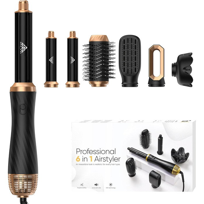 Air Styler 6 в 1: Набір для укладки волосся з фен-щіткою, дифузором та плойкою. Чорний