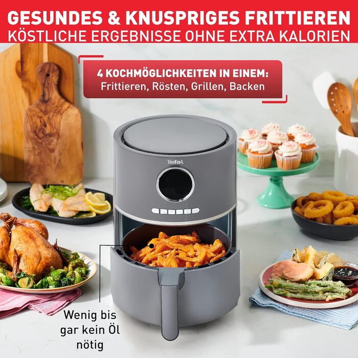 Tefal EY111B Ultra Fry Hot Air Fryer, Air Fryer, Frying, Roasting, Grilling, Baking, 1.2 kg for 6 people, 8 cooking programs, Digital display, energy-saving, healthy fryer without oil, Grey