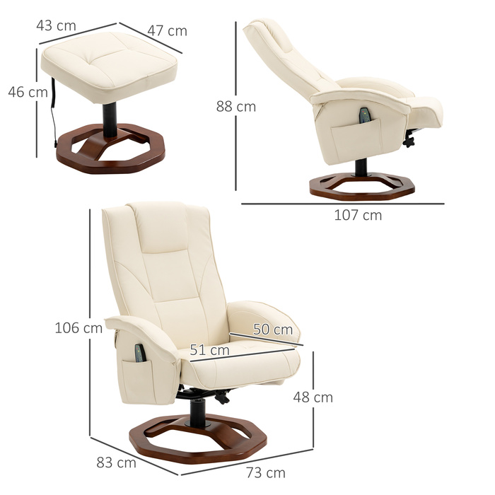 HOMCOM Massage Recliner with Footrest, 360° Swivel, Faux Leather, Steel, Cream White/Brown, 73x83x106cm for Ultimate Comfort