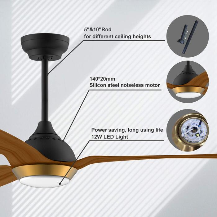 Стеляний вентилятор Reiga з LED-підсвічуванням та пультом керування, 132 см, білий, DC-двигун, тихий, 6 швидкостей, 3 колірні температури, для внутрішнього та зовнішнього використання (3 лопаті, чорний)