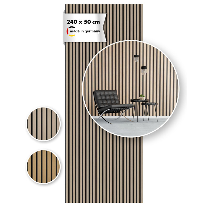 Акустична панель Momento з натурального дуба 240x50 см, 3D ламелі для шумоізоляції стін, колір дуб натуральний, чорний фліс (Made in Germany)