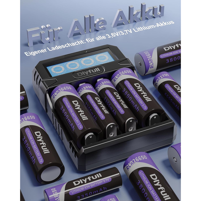 Зарядний пристрій Dlyfull 18650 Universal LCD для Li-ion акумуляторів 3.7V (18650, 21700, 26650, 22650, 20700, 16340, 14500) USB-C, 4 слоти