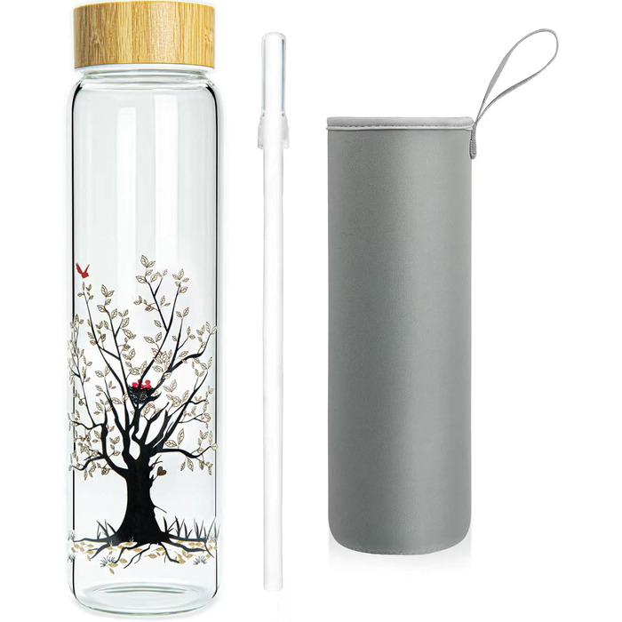 Glass Drinking Bottle 1L Glass Water Bottle with Bamboo Lid 1 Liter (1000ml) (Tree 1liter)
