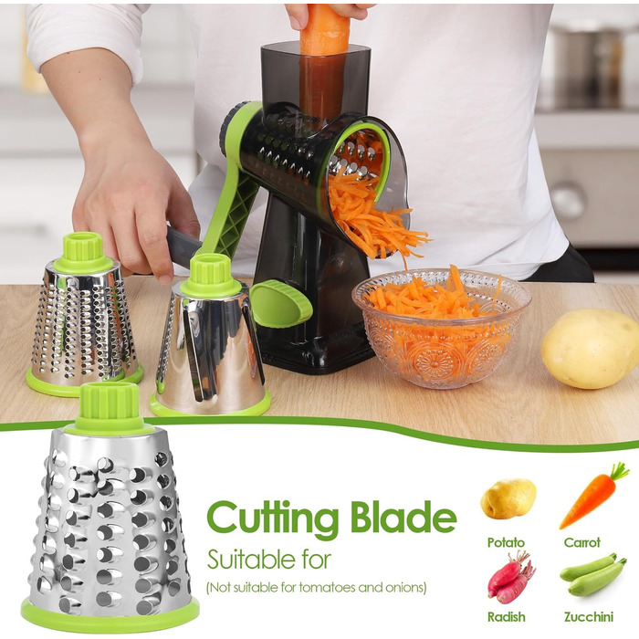 Ручна тертка для сиру та овочів Dreamhigh з ручкою, 3 змінні леза з нержавіючої сталі, для сиру, овочів, горіхів, моркви, ідеальна для огірків, білий (зелений)