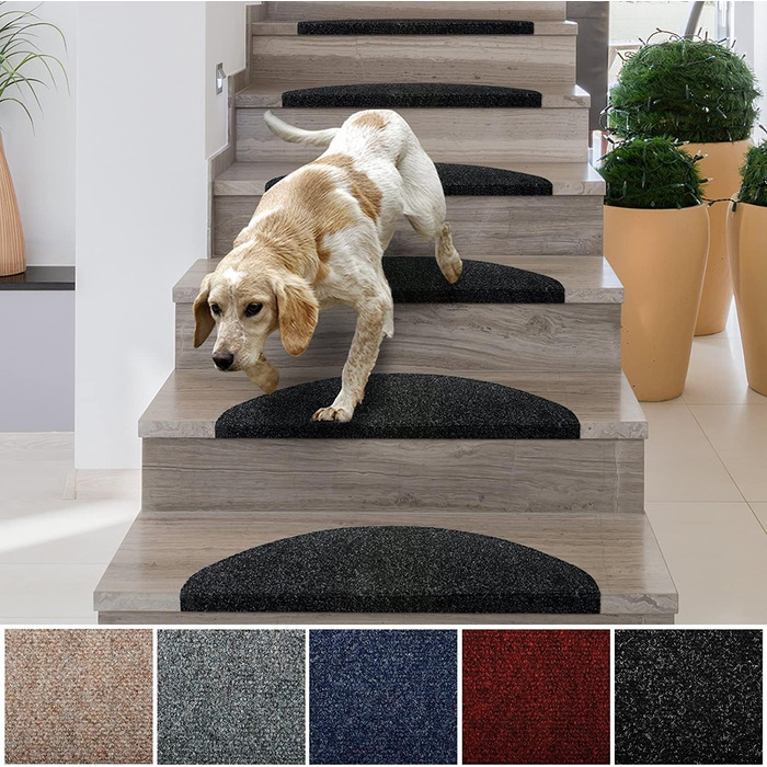 Casa Pura Non-Slip Stair Treads - 15 Piece Set - Adhesive Backed, Round Edge - Indoor Stair Carpet - Anthracite Grey