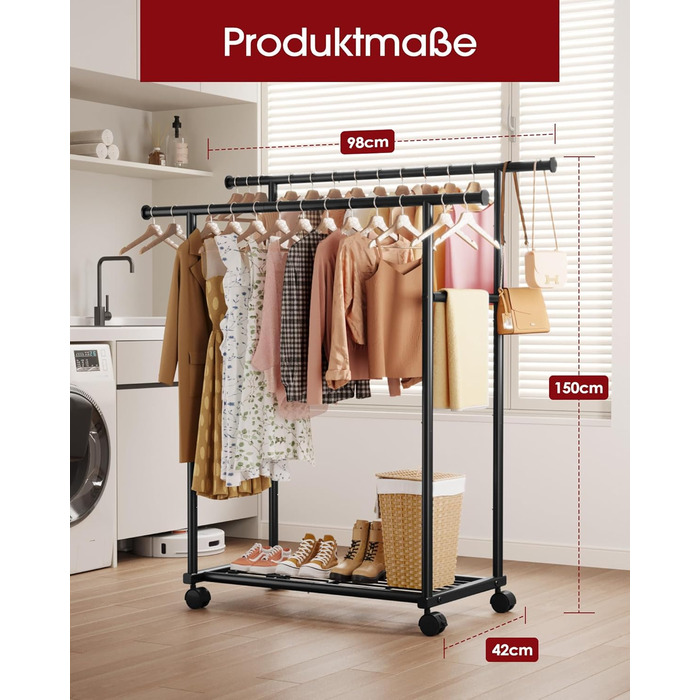 Стійка для одягу на колесах з подвійною перекладиною та сітчастим дном, 98 x 42 x 150 см, Чорний