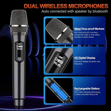 Караоке машина з 2 бездротовими мікрофонами, Bluetooth колонка з RGB-підсвіткою для дорослих/дітей, караоке апарат для дому, вечірок, PA-система, Party Box, Black-2Mic