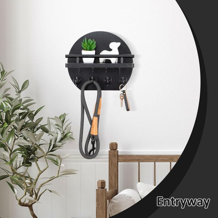 Настінна вішалка для ключів Nekon з полицею та 8 гачками, 24.8 см, чорний колір