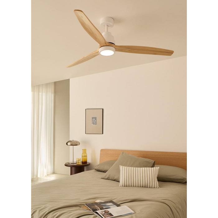 Вентилятор стельовий з підсвічуванням Windstylance Natural Wood L 152 см, білий, дерев'яні лопаті, WiFi, пульт, 6 швидкостей, літній/зимовий режим