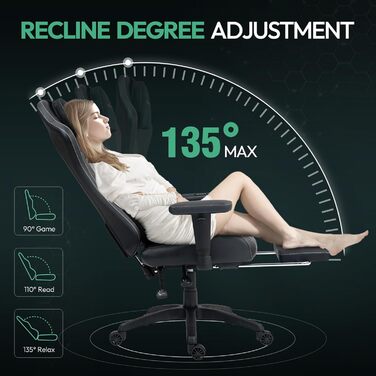 Ігровий крісло Dowinx з масажем та підігрівом, дихаюча спинка, регульоване, з підніжкою, підтримка спини та шиї (Чорно-зелений)