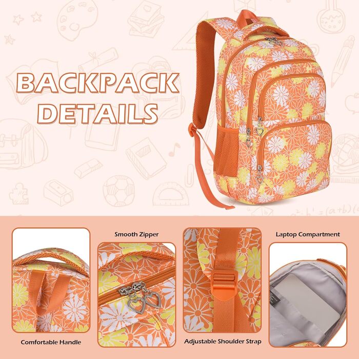 Шкільний рюкзак для дівчинки-підлітка ZHIERNA: набір з ланч-боксом та пеналом (Помаранчевий)