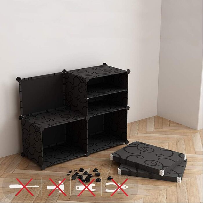 DIY Closet Shelf System, 16 Cubes, Wardrobe Closet, Open Closet, Plastic Wardrobe with Doors, Wardrobe Cabinet, Black, 180 x 142 x 37CM