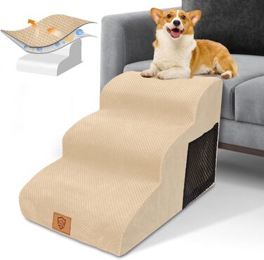 Сходинки для собак - 3 ступені, 40 см, з щільного матеріалу, для ліжка та дивану, знімний чохол, антиковзаюча поверхня, 60x40x40 см, бежевий