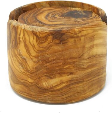 Set of 6 round beer coasters made of olive wood, 8.5 cm in diameter, including storage box. Suitable for glasses, mugs, cups, and vases.