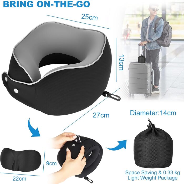 Ортопедична подушка для шиї з memory foam - підтримка 360°, для подорожей (літак, авто, поїзд), знімний плюшевий чохол, у комплекті: чохол для перенесення, навушники та маска для сну