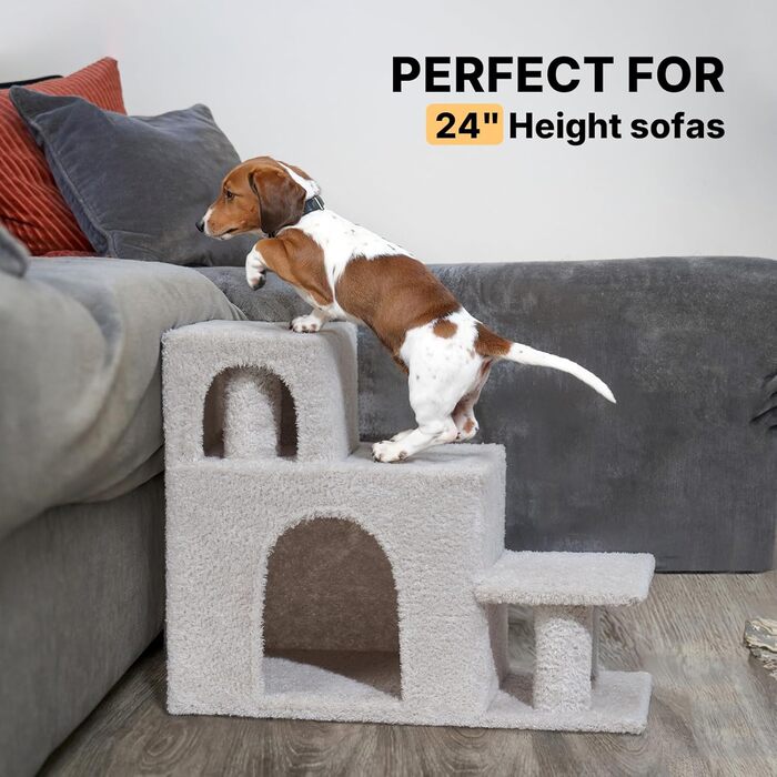 Сходинки для собак Veehoo: 3 сходинки, ліжко, печеринка, для маленьких собак та котів, сірий, 67x34x52 см, до 45 кг