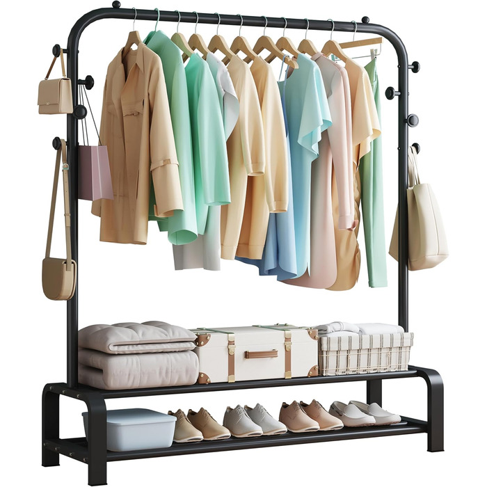Clothes Rack, Coat Rack Stable Clothes Rail with 6 Hooks and 2 Shoe Shelf Storage Shelf, Bedroom Clothes Rack Freestanding Clothes Rail, Black