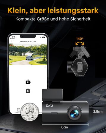 Відеореєстратор GKU 4K Auto з Wi-Fi, 170° кут огляду, Нічне бачення, WDR, 24H паркування, G-сенсор, в комплекті SD-карта 64GB, Чорний