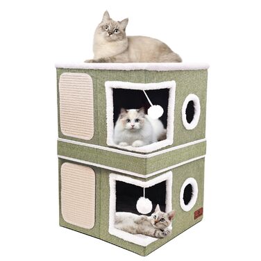 Кішка ліжко для дому, будиночок-печери з когтеточкою та м'ячиком, складане ліжко-куб для котів, притулок для кількох котів (зелений, double)