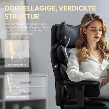 Ігровий крісло Dowinx, ергономічний офісний крісло з кишеньковим пружинним подушками, крісло для начальника з двошаровою м'якою спинкою та регульованою поперековою подушкою, підлокітниками та підставкою для ніг, PC крісло (Чорний, PU)