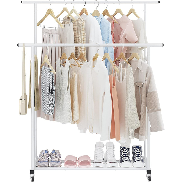 Clothes Rack with Double Rod, Rolling Clothes Rack, Portable Clothes Rack for Bedroom, Living Room, Clothing Store, (White)
