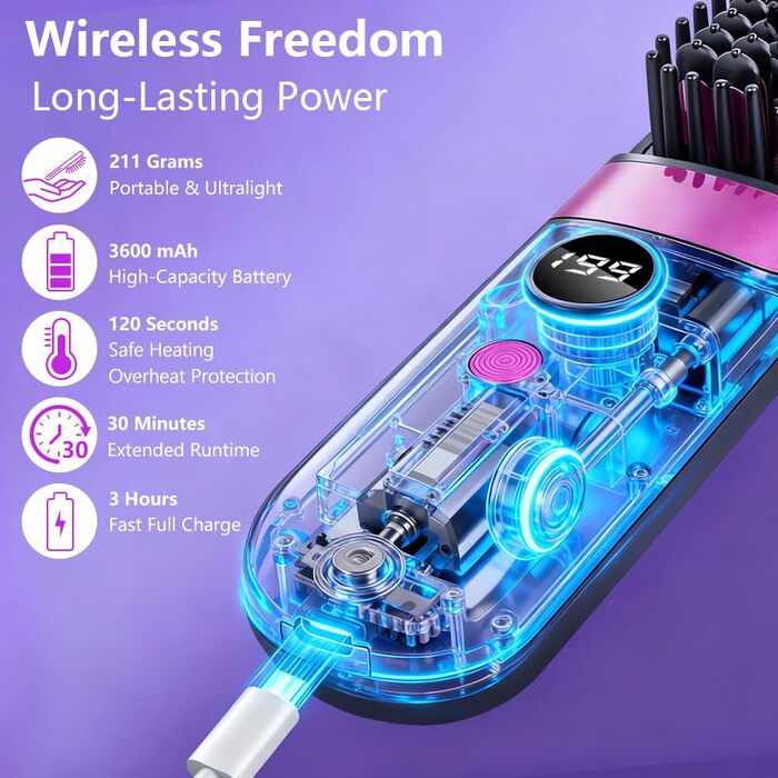 Бездротова випрямляюча щітка LOPHE з LED-дисплеєм, 3 температурні режими, для волосся та бороди, білий (чорно-фіолетовий)