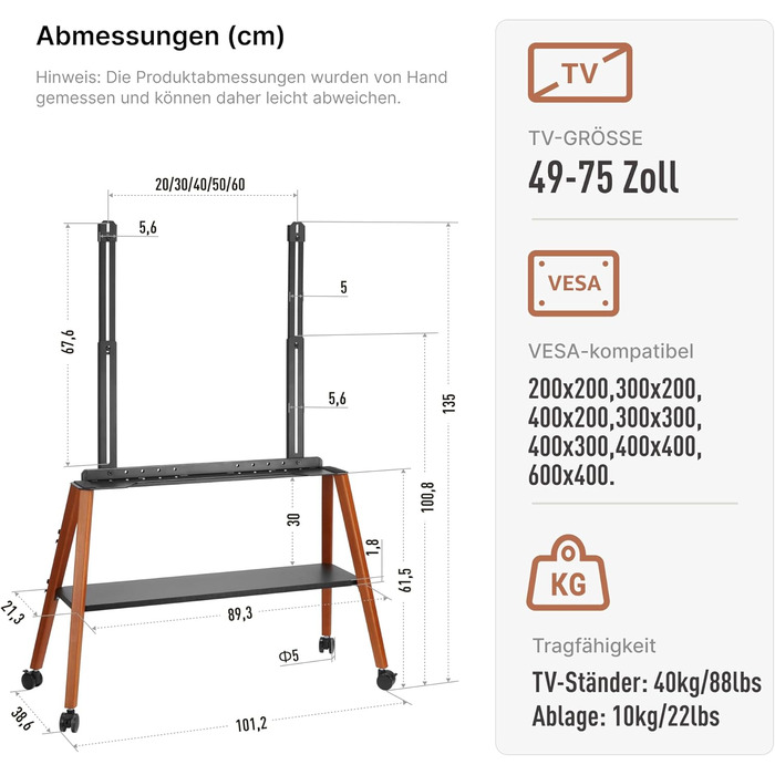Підставка для телевізора ECOTINY на колесах для 49-75 дюймів, до 40 кг, Easel Design, металева конструкція та полиця з дерева, чорна