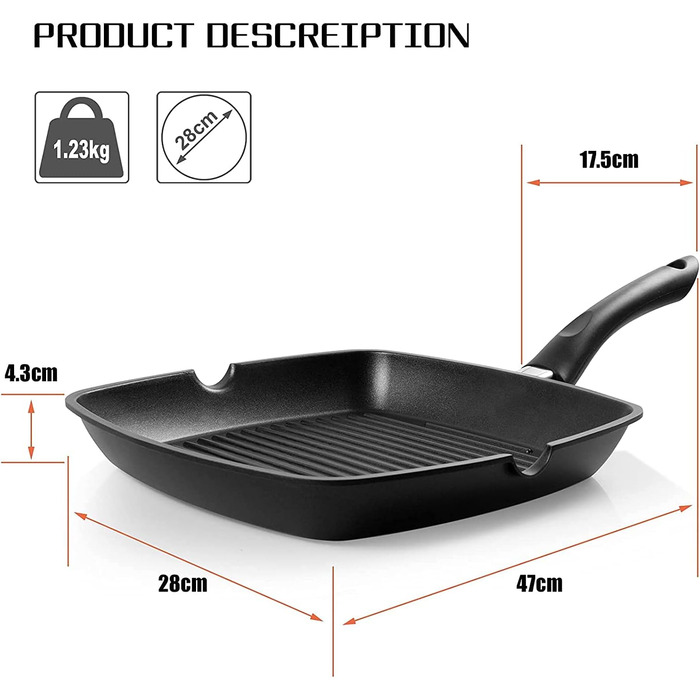 Сковорода гриль 28x28 см з алюмінію з індукційним дном, антипригарна PFOA-free, легка в очищенні