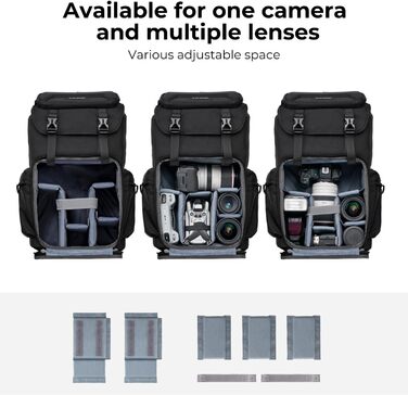 Чорний рюкзак для камери K&F Concept 25L: для фотографів, з відділенням для ноутбука, штатива та об'єктивів, водонепроникний, з дощем.
