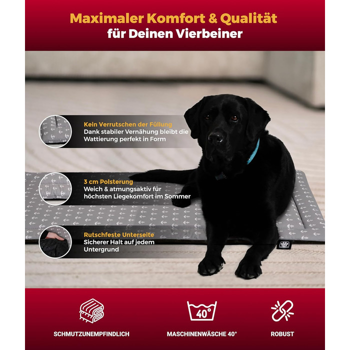 Літня подушка для собак HS-Hundebett® з бавовни з наповнювачем та антиковзким покриттям XS – М'яка подушка для собак на літо – Пральна та довговічна – Легка літня подушка для собак – Виготовлено в Німеччині (Сірий якір, 95x135 см)
