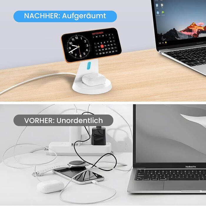 Зарядна станція JoyGeek 3-в-1 для Apple Watch, iPhone (MagSafe), AirPods (біла) - Бездротова зарядка для iPhone 12-15, iWatch 11-2/Ultra/SE, Airpods 2-4
