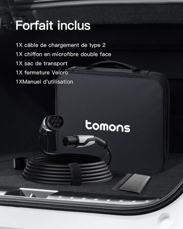 Кабель зарядки Tomons для електромобілів, 32A, 3-фазний, Тип 2, з чохлом та мікрофіброю, сумісний з Tesla Model S/3/X/Y, Volkswagen ID.3, ID.4 (22kW, 7м)