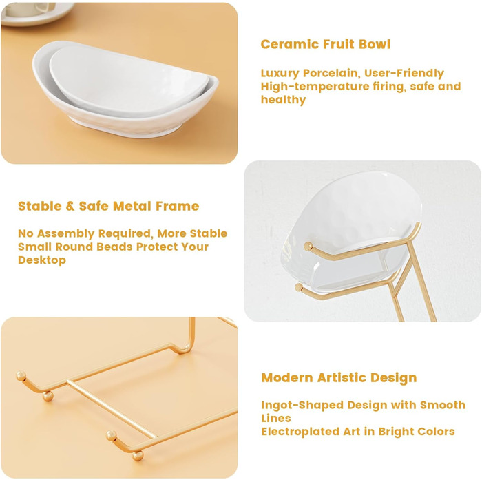 Трьох'ярусна фруктова тарілка Acliys з кераміки (золото) – для зберігання фруктів, овочів, снеків та десертів