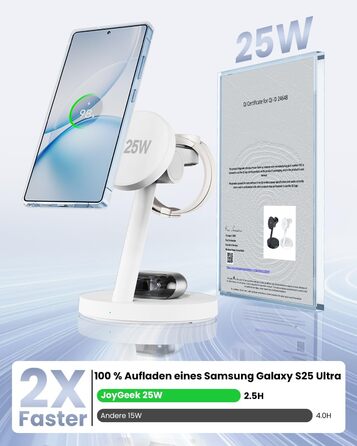 Зарядна станція JoyGeek 4-в-1 з магнітною індуктивною зарядкою 25W для Samsung Galaxy S26/S25/Ultra/Z Fold/Flip 7, годинників Watch 8-5/Ultra та навушників Buds 4-2/Pro (біла)