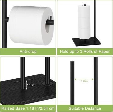 LIANTRAL Freestanding Toilet Paper Holder, Bathroom Toilet Paper Holder, Toilet Paper Storage with Shelf, Stainless Steel Tubes and Wooden Boards, Toilet Paper Storage Dispenser