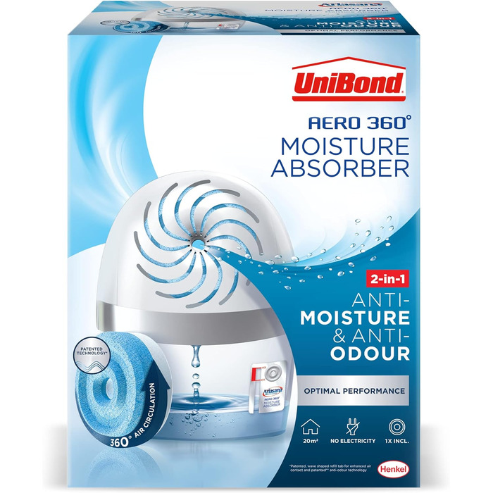 UniBond AERO 360° Moisture Absorber, extremely absorbent dehumidifier, prevents condensation, mold, and musty odors, refillable condensation absorber, 1 device including 1 refill tablet 450g