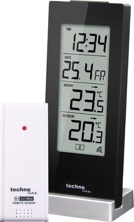Цифрова метеостанція Techno Line WS9767 з зовнішнім датчиком: годинник з радіоуправлінням, термометр внутрішній/зовнішній, пам'ять Min/Max, будильник, відстрочка сну - чорний колір